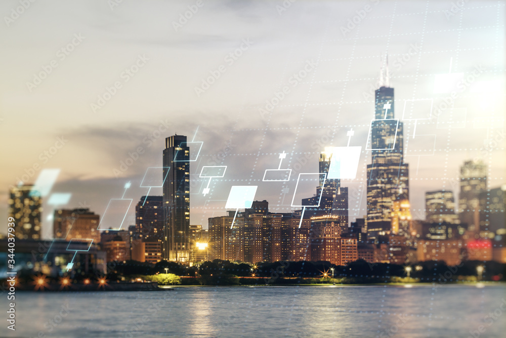 Fototapeta premium Double exposure of abstract creative financial chart hologram on Chicago skyscrapers background, research and strategy concept