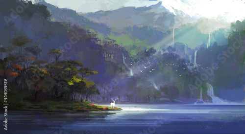A deer stands by a secluded lake, digital illustration.
