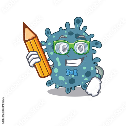 A brainy student rickettsia cartoon character with pencil and glasses