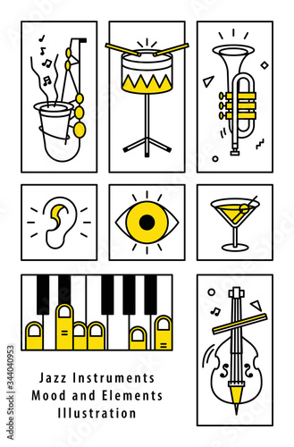 Jazz music banner poster mood and elements with instrument saxophone, drum, piano, trumpet, double bass and  ear, eye, cocktail illustration vector. Jazz music concept.