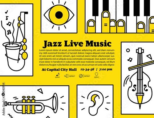 Jazz live music banner poster with ear, eye and instrument saxophone, piano, trumpet, double bass illustration vector on yellow background. Jazz music concept.