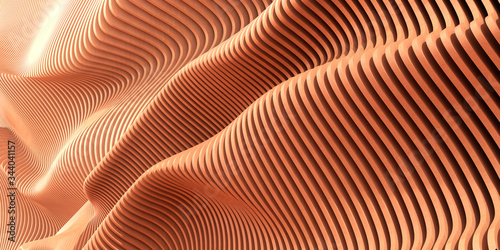 Fototapeta Naklejka Na Ścianę i Meble -  Abstract of wooden pattern, twisted shape, architecture facade details,Perspective of future building design, Parametric wall. 3D rendering.