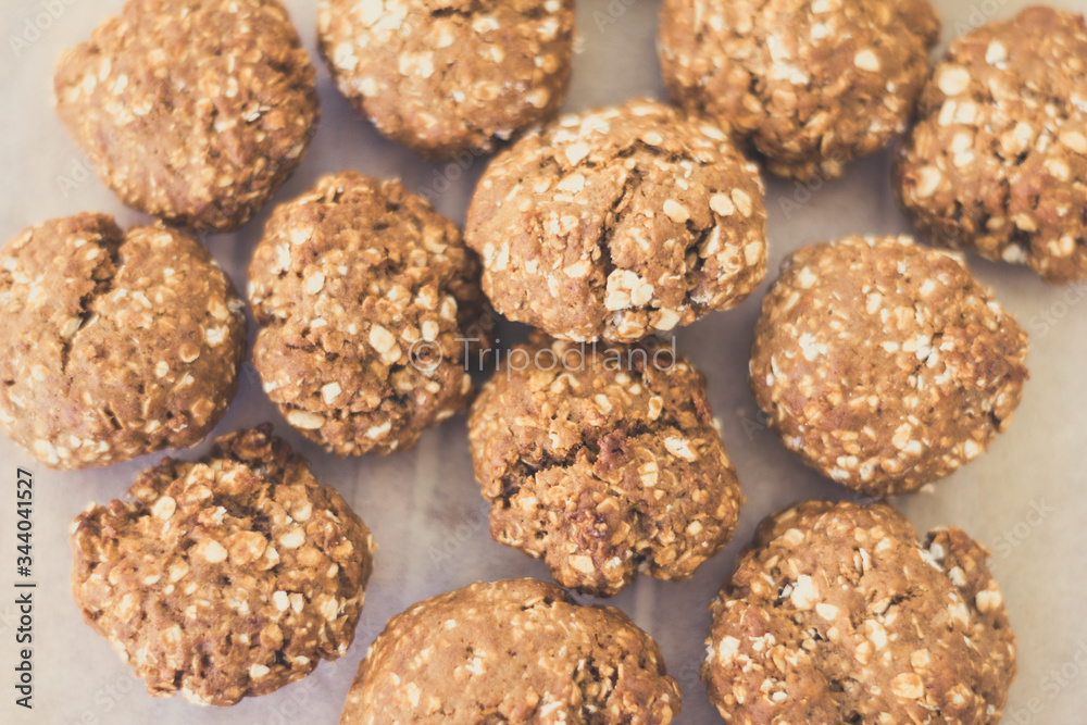 topview of homemade oat cookies on bakery paper topview of homemade oat cookies on bakery paper