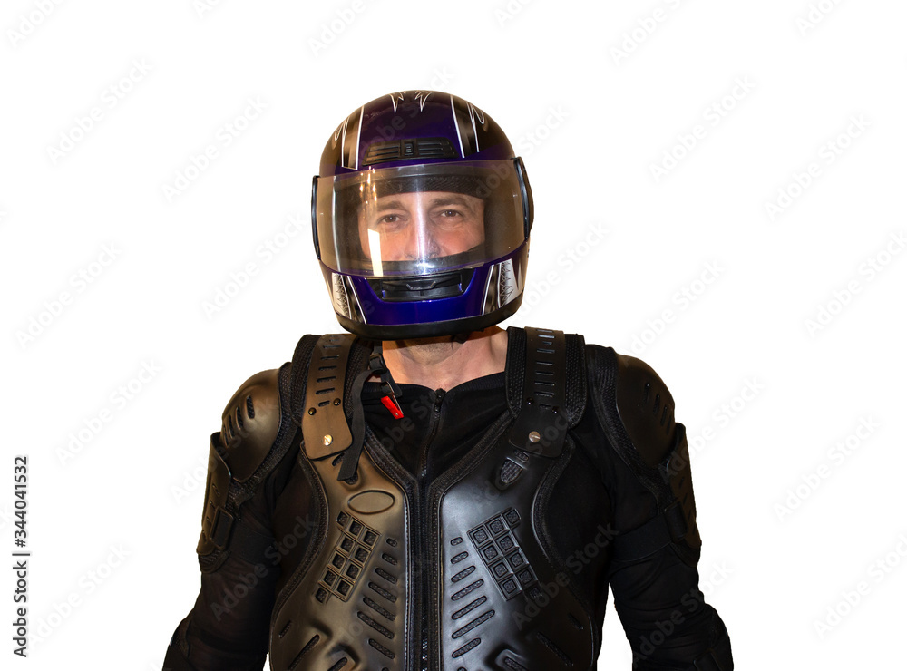 Isolated on white background man motorcyclist in a helmet Black jacket, protection and biker gloves