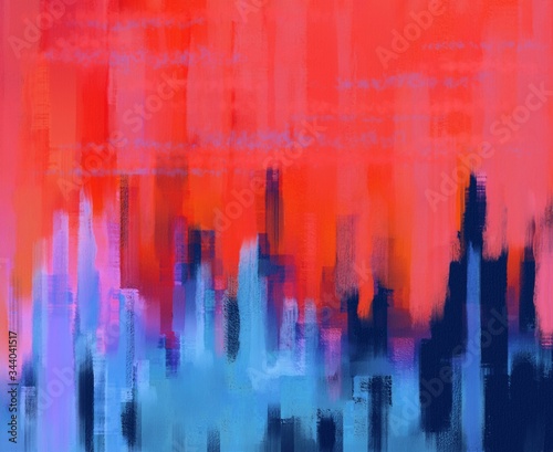 Fototapeta Naklejka Na Ścianę i Meble -  Abstract cityscape painting with hot sky background. Urban wallpaper