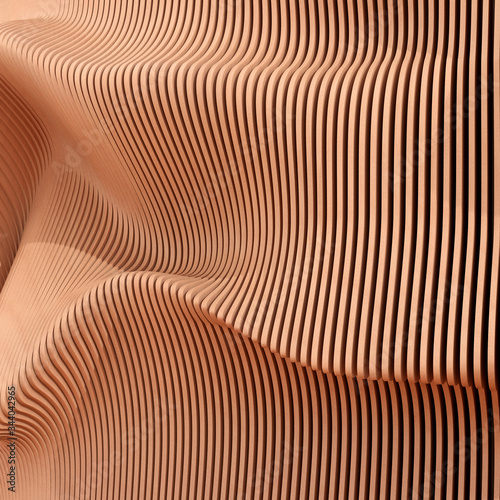 Fototapeta Naklejka Na Ścianę i Meble -  Abstract of wooden pattern, twisted shape, architecture facade details,Perspective of future building design, Parametric wall. 3D rendering.