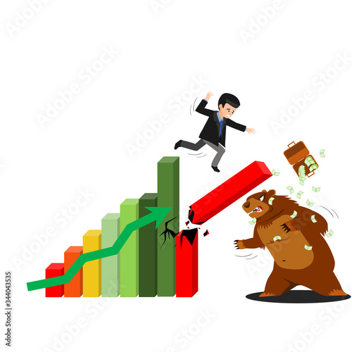 Stock market crash. World economic crisis and recession. Sale of stocks, Businessman in Suit Falling. Red stock market with decreasing arrow. Bear Market. Flat vector illustration. Financial crisis.