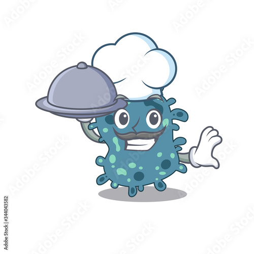 Rickettsia chef cartoon character serving food on tray © kongvector