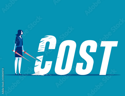 Businesswoman cutting cost. Reduction concept. Flat cartoon vector illustration style design