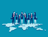 Business team standing on top of. Globalization connection concept. Flat cartoon vector illustration design.
