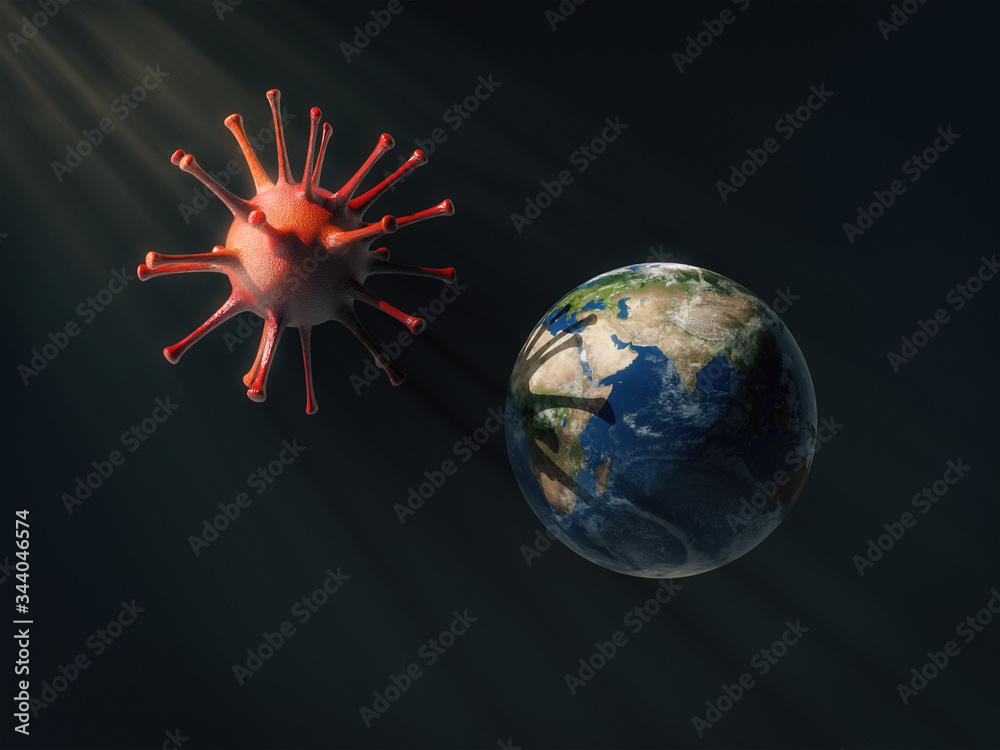 Big virus, the globe stay under shadow of virus, virus outbreak concept, COVID-19 outbreak concept.3d rendering.