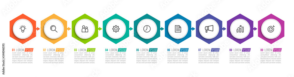 Minimal infographic template design with numbers 9 options or steps.