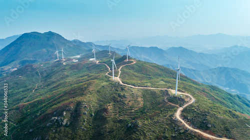 Aerial photography of wind power equipment on high mountains ，Jiangxi Yuhua Mountain