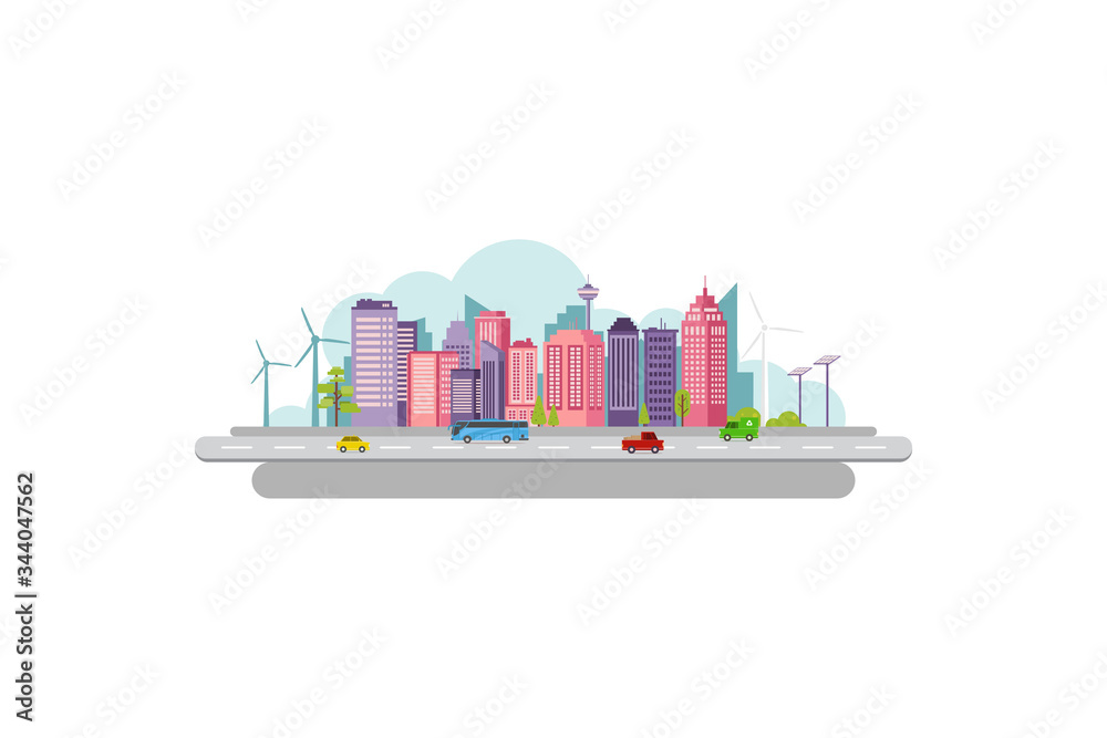 illustration of a smart and modern capital city with skyscrapers and smart transportation flat design