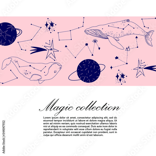 Vector collection of magic and occultism Mystical and Mysterious objects, snake, key, constellation, mushrooms, heart, butterfly Space objects. Minimalistic objects made in the style of one line.