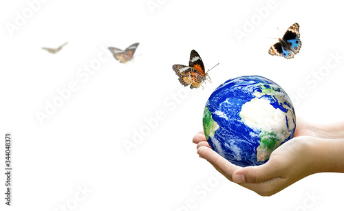Photography Woman hands holding world or globe with butterfly on earth day