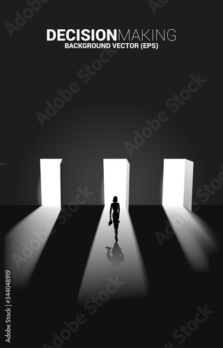 time to make decision in business direction. Silhouette of businesswoman standing to select door to enter
