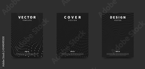 Big data background. Wave of particles. Dots futuristic cyber backdrop. Black and white technology cover set. Vector design template for poster, flyer, card, brochure.
