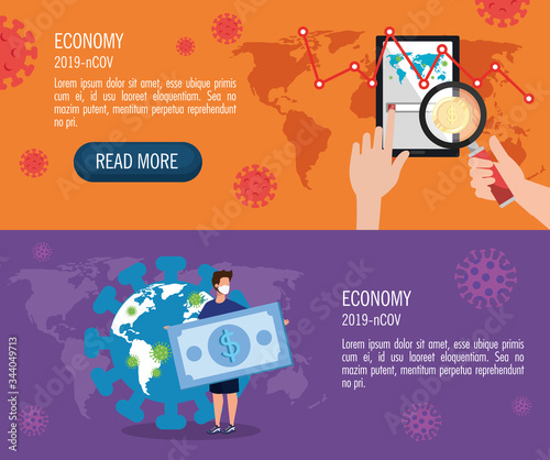 set banners of economy impact by 2019 ncov with icons vector illustration design
