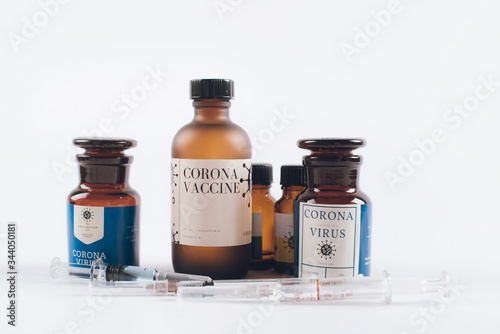 Vaccine in vial and syringe for prevention, immunization and treatment from Covid-19 (corona virus) infection isolated on white background. corona virus infection treatment concept.