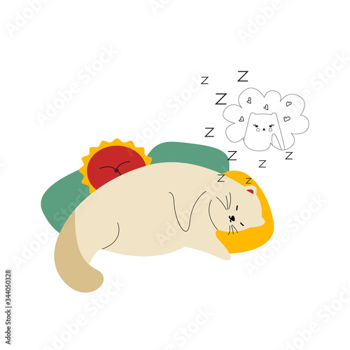 Cartoon fat cat in love sweetly sleeping on colorful pillows. Cute pet slumbers and dreams. Vector illustration isolated on a white background. The plump animal is lying on the floor.