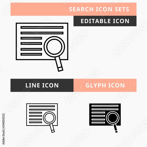 Search icons set vector design, modern editable line and  glyph icon, black color and isolated for icon presentation, website and banner