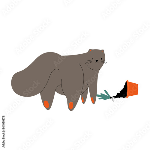 A flat cartoon fat brown cat smashed a flower pot. Cute mischievous animal and home plant. A hand-drawn vector illustration isolated on a white background.