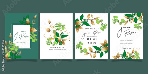 Summer Flower Wedding Invitation set, floral invite thank you, rsvp modern card Design in pink leaf greenery  branches with blue background decorative Vector elegant rustic template