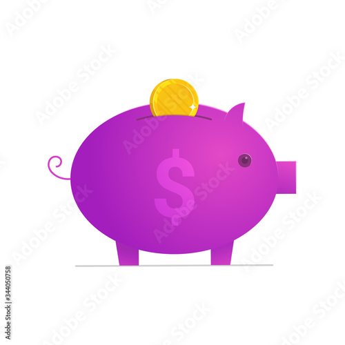 Financial asset icon isolated on white background. Piggy bank with golden coin. Wealth and capital investment, retirement savings concept. Saving dollar coins in moneybox cartoon vector illustration.