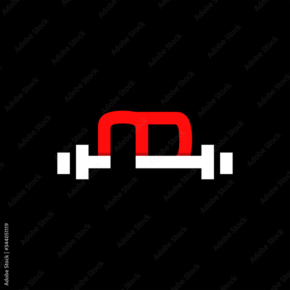 Minimal abstract letter ND gym logo with dumbbell or barbell. Creative design graphic template in red and white color. Isolated in black background with flat style. Can be used for gym and fitness.