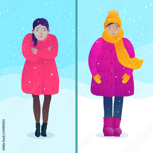 Avoiding hypothermia and frostbite concept with dressed differently women. Freezing young girl coldly dressed in red coat. Warmly dressed woman in winter coat, hat and scarf vector illustration.