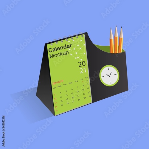 Table spiral calendar design with clock and pencil box, Simple desk calendar Layout for 2021 years. Vector illustration.