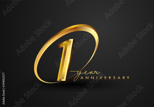 1 Year Anniversary Celebration. Anniversary logo with ring and elegance golden color isolated on black background, vector design for celebration, invitation card, and greeting card.