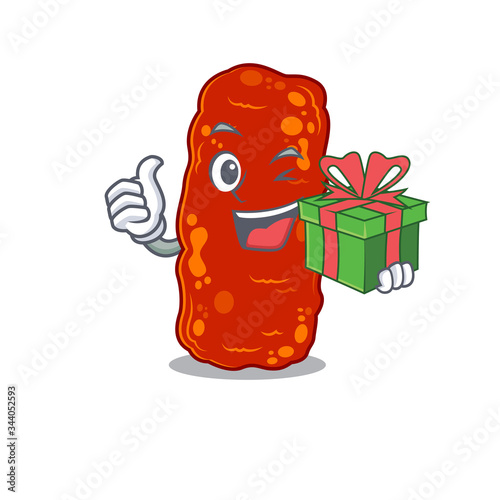 Smiling acinetobacter bacteria cartoon character having a green gift box