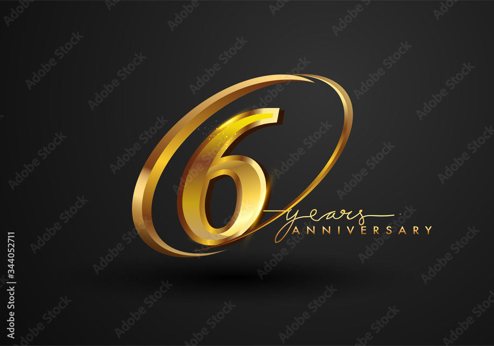 6 Years Anniversary Celebration. Anniversary logo with ring and elegance golden color isolated on black background, vector design for celebration, invitation card, and greeting card.