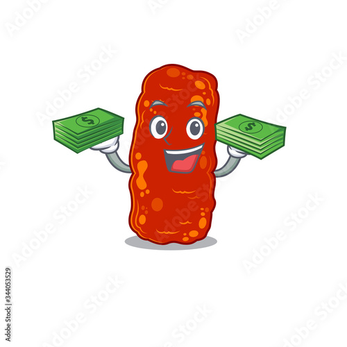 A wealthy acinetobacter bacteria cartoon character having money on hands