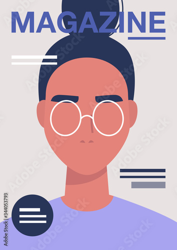 Magazine cover, a close up portrait of a young female character, mockup