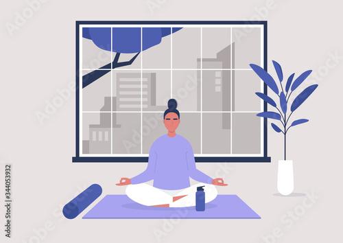 Young female character doing a yoga workout at home, modern healthy lifestyle