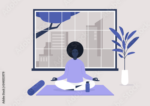 Young black female character doing a yoga workout at home, modern healthy lifestyle