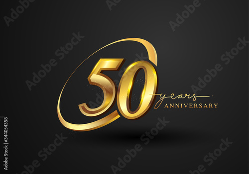 50 Years Anniversary Celebration. Anniversary logo with ring and elegance golden color isolated on black background, vector design for celebration, invitation card, and greeting card.