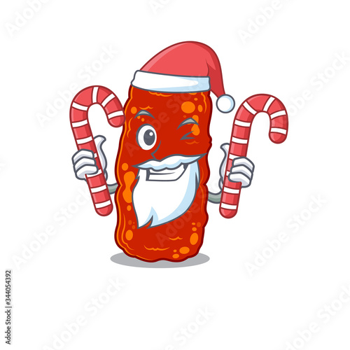 Friendly acinetobacter bacteria in Santa Cartoon character holds Christmas candies