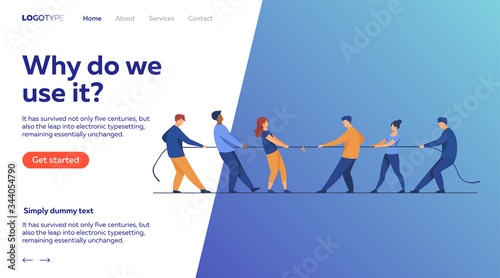 People pulling opposite ends of rope flat vector illustration. Tug of war contest between office workers. Competition challenge and confrontation concept