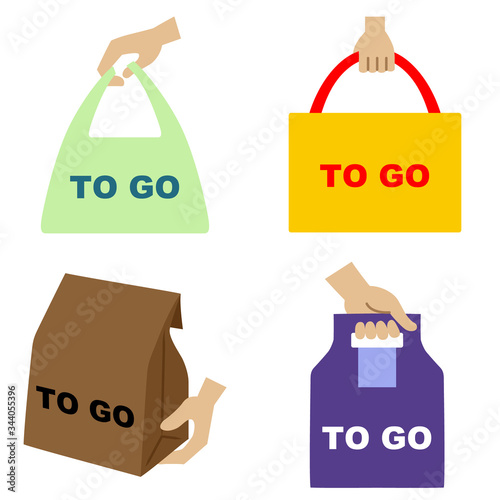 Illustration set of 4 types of take out food icons "TO GO"