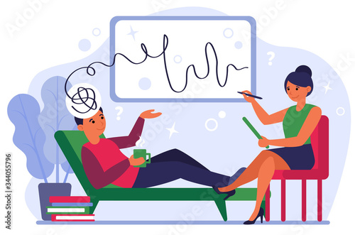 Female psychiatrist counseling patient flat vector illustration. Mental disorder and depression treatment. Psychologist service, psychoanalysis and psychotherapy concept