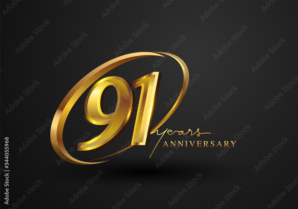 91 Years Anniversary Celebration. Anniversary logo with ring and elegance golden color isolated on black background, vector design for celebration, invitation card, and greeting card. 91 Years Anniversary Celebration. Anniversary logo with ring and elegance golden color isolated on black background, vector design for celebration, invitation card, and greeting card.