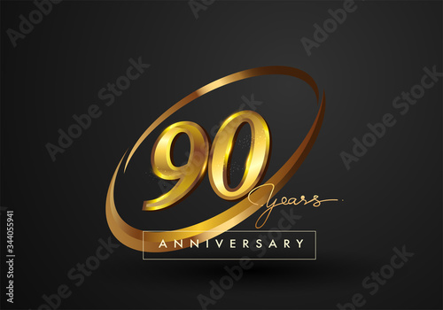 90 Years Anniversary Celebration. Anniversary logo with ring and elegance golden color isolated on black background, vector design for celebration, invitation card, and greeting card.