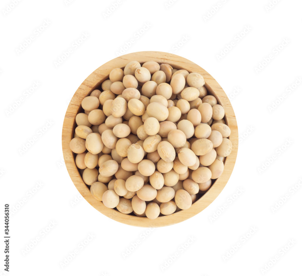 Top view soybean in wooden bowl isolated on white background, healthy food concept Top view soybean in wooden bowl isolated on white background, healthy food concept