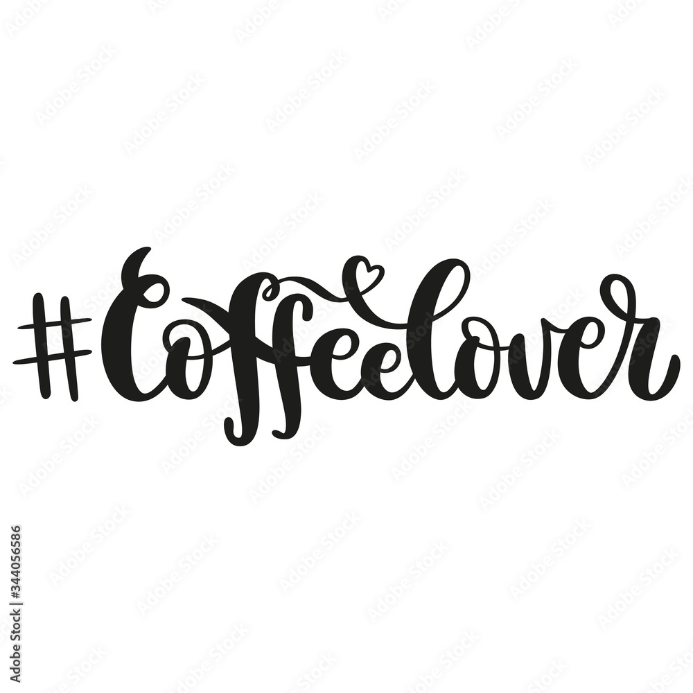 Coffee lover hand-written lettering with heart element and hashtag sign. Brushpen vector calligraphy isolated on white background. Modern typography design for poster, card, web, print, logo.