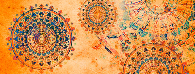 Foto auf Leinwand Mandala Mandala bunte Vintage-Kunst, altes indisches vedisches Hintergrunddesign, alte Maltextur mit mehreren mathematischen Formen  © RAKR