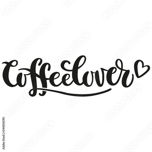Coffee lover hand-drawn lettering with heart element. Brushpen vector calligraphy isolated on white background. Creative typography design for logo, web, card, poster, banner, print